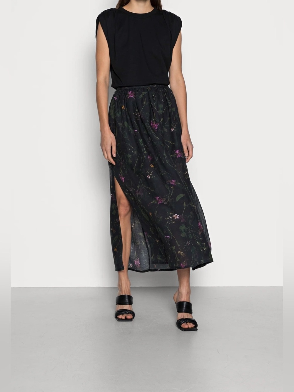 All Saints Black Floral A-Line Midi Skirt - Picture 5 of 16